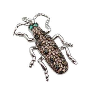 copper Ladybug pendant pave zircon, platinum plated, approx 20-30mm