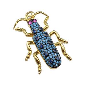 copper Ladybug pendant pave turq zircon, gold plated, approx 20-30mm