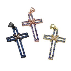 copper christian Cross pendant pave blue zircon, mixed, approx 19-30mm