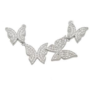 copper Butterfly link pendant paved zircon, platinum plated, approx 12-16mm, 58mm