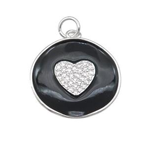 copper circle heart pendant pave zircon with black enamel, platinum plated, approx 20mm dia