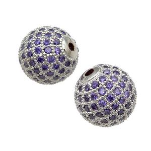 copper bead pave purple zircon, platinum plated, approx 12mm dia