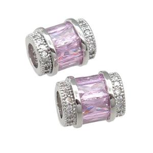 copper tube beads pave pink zircon, platinum plated, approx 9-12mm, 5mm hole