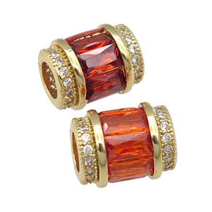 copper tube beads pave red zircon, gold plated, approx 9-12mm, 5mm hole