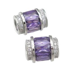 copper tube beads pave purple zircon, platinum plated, approx 9-12mm, 5mm hole