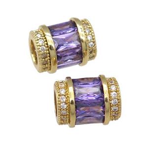 copper tube beads pave purple zircon, gold plated, approx 9-12mm, 5mm hole