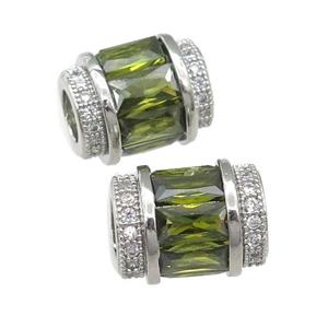copper tube beads pave green zircon, platinum plated, approx 9-12mm, 5mm hole