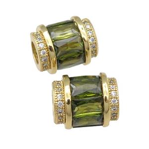 copper tube beads pave green zircon, gold plated, approx 9-12mm, 5mm hole