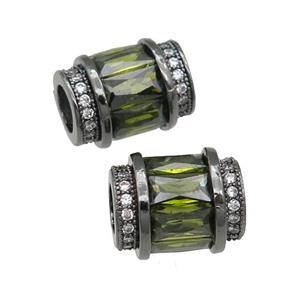 copper tube beads pave green zircon, black plated, approx 9-12mm, 5mm hole