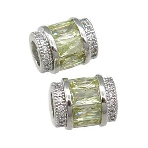 copper tube beads pave lt.green zircon, platinum plated, approx 9-12mm, 5mm hole