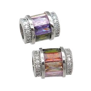 copper tube beads pave zircon, multicolor, platinum plated, large hole, approx 9-12mm, 5mm hole