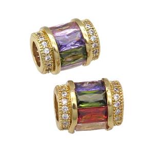 copper tube beads pave zircon, multicolor, gold plated, approx 9-12mm, 5mm hole