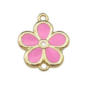 copper flower connector with pink enamel, gold plated, approx 12mm