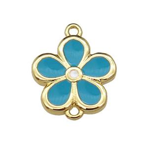 copper flower connector with teal enamel, gold plated, approx 12mm
