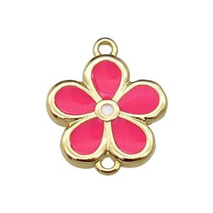 copper flower connector with hotpink enamel, gold plated, approx 12mm