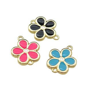 copper flower connector with enamel, gold plated, mixed, approx 12mm