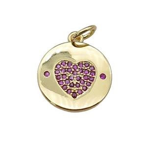 copper circle Heart pendant paved hotpink zircon, gold plated, approx 14mm dia