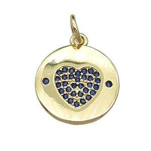 copper circle Heart pendant paved blue zircon, gold plated, approx 14mm dia