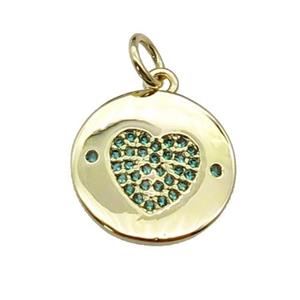 copper circle Heart pendant paved green zircon, gold plated, approx 14mm dia
