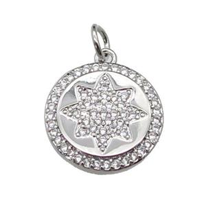 copper circle star pendant pave zircon, platinum plated, approx 15mm dia