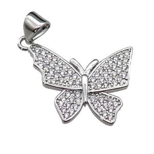 copper Butterfly pendant pave zircon, platinum plated, approx 15-20mm