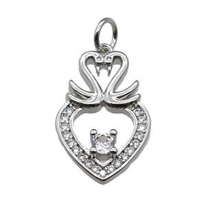 copper Heart pendant paved zircon, swan, platinum plated, approx 12-20mm
