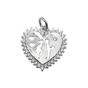 copper Heart pendant pave zircon, couple, platinum plated, approx 16mm
