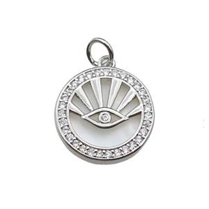 copper circle eye pendant pave zircon, shell, platinum plated, approx 15.5mm dia