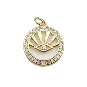 copper circle eye pendant pave zircon, shell, gold plated, approx 15.5mm dia