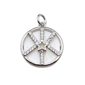 copper circle star pendant pave zircon, shell, platinum plated, approx 16mm dia
