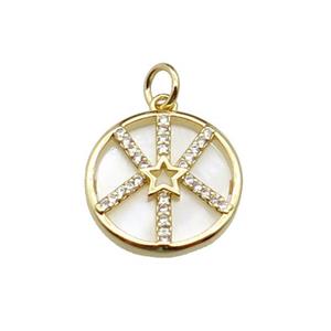 copper circle star pendant pave zircon, shell, gold plated, approx 16mm dia