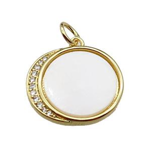 copper circle moon pendant pave shell, zircon, gold plated, approx 16-18mm