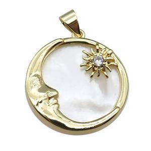 copper Moon pendant pave shell zircon, gold plated, approx 21mm dia