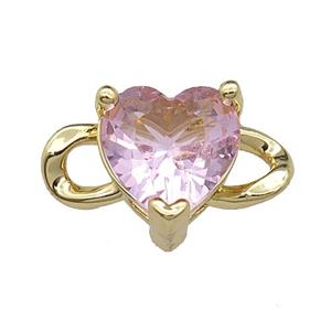 copper Heart connector pave pink zircon, gold plated, approx 11-18.5mm, 10mm