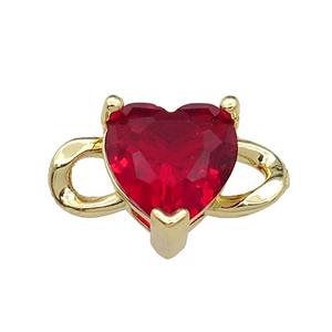 copper Heart connector pave red zircon, gold plated, approx 11-18.5mm, 10mm
