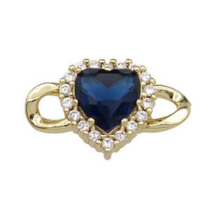 copper Heart connector pave blue zircon, gold plated, approx 12-20mm