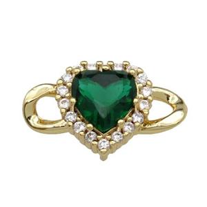 copper Heart connector pave green zircon, gold plated, approx 12-20mm