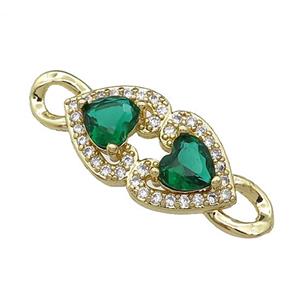 copper Heart connector pave green zircon, gold plated, approx 11-30mm