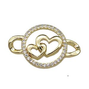 copper Heart connector pave zircon, gold plated, approx 15-23mm