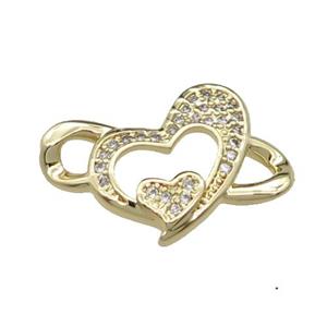 copper Heart connector pave zircon, gold plated, approx 15-23mm