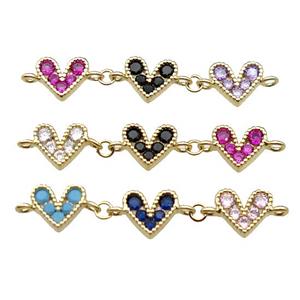 copper Heart connector pave zircon, mixed, gold plated, approx 9mm, 35mm