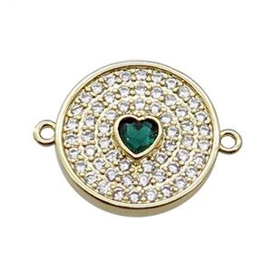 copper circle heart connector pave zircon, gold plated, approx 20mm dia