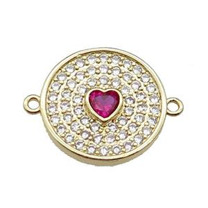copper circle heart connector pave zircon, gold plated, approx 20mm dia