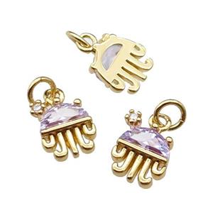 copper Octopus pendant pave purple zircon, gold plated, approx 10mm