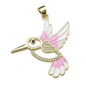 copper Hummingbird pendant pave zircon, pink enamel, gold plated, approx 28mm