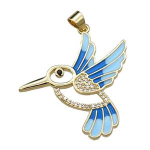 copper Hummingbird pendant pave zircon, blue enamel, gold plated, approx 28mm