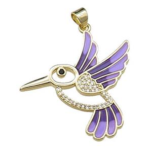 copper Hummingbird pendant pave zircon, purple enamel, gold plated, approx 28mm