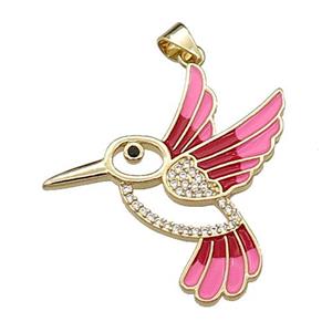 copper Hummingbird pendant pave zircon, red enamel, gold plated, approx 28mm
