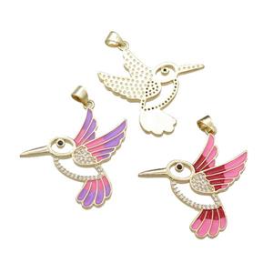 copper Hummingbird pendant pave zircon, mix enamel, gold plated, approx 28mm