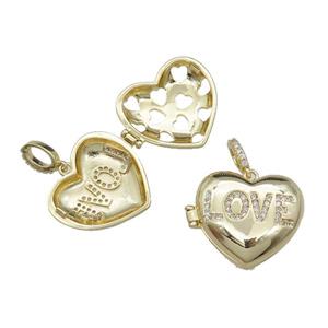 copper Heart Wishbox Locket pendant pave zircon, LOVE, gold plated, approx 20mm